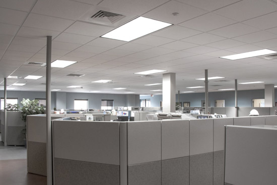 Brightly illuminated office space after replacing fluorescent lights with Straits LED troffer lighting fixtures.