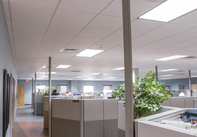 Square shaped LED commercial lighting fixtures providing bright illumination throughout an office space